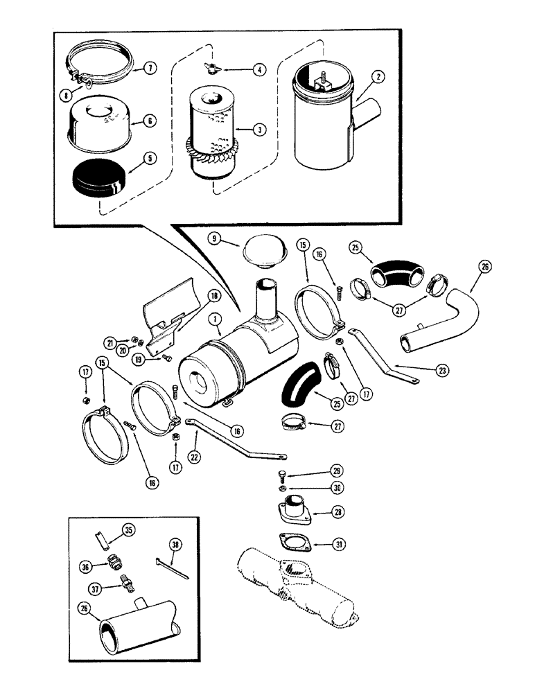 Схема запчастей Case 580B - (014) - AIR CLEANER, (188) DIESEL ENGINE, USED PRIOR TO TRAC. SER. NO 8725448 W/ CAST IRON MANIFOLD (02) - ENGINE