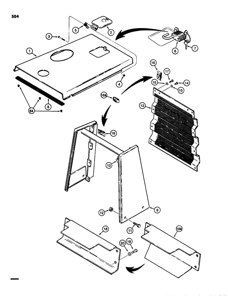 Схема запчастей Case 580SD - (504) - HOOD AND RADIATOR SHROUD (09) - CHASSIS/ATTACHMENTS