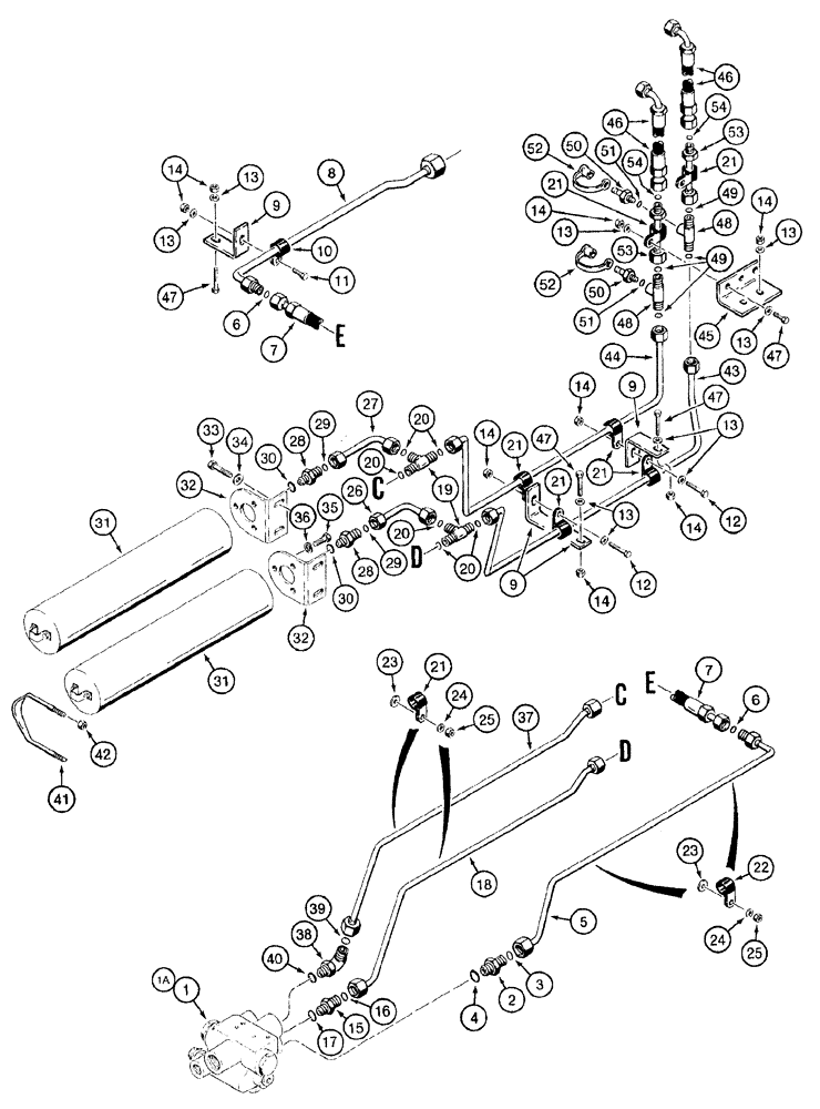 Схема запчастей Case 921B - (7-010) - MAIN BRAKE HYDRAULIC CIRCUIT - ACCUMULATOR VALVE TO TEE AND COOLER BYPASS VALVE (07) - BRAKES