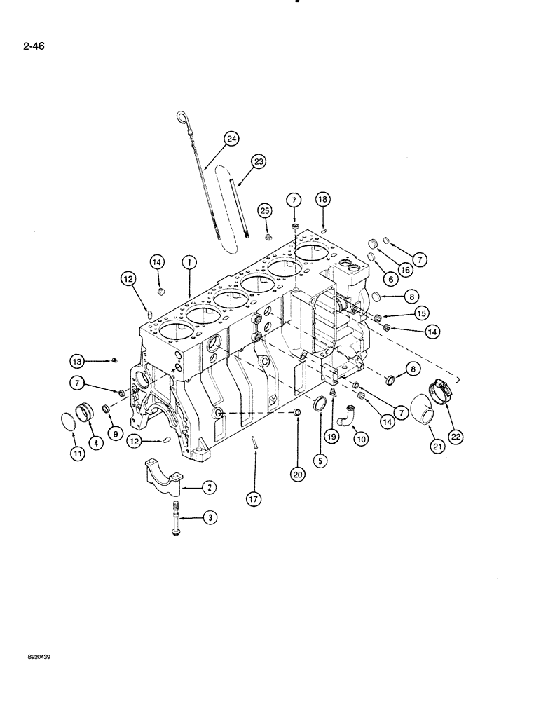 Схема запчастей Case 821 - (2-046) - CYLINDER BLOCK 6T-830 ENGINE TWELVE PISTON COOLING NOZZLES ENGINE SERIAL NO 44706126 AND AFTER (02) - ENGINE