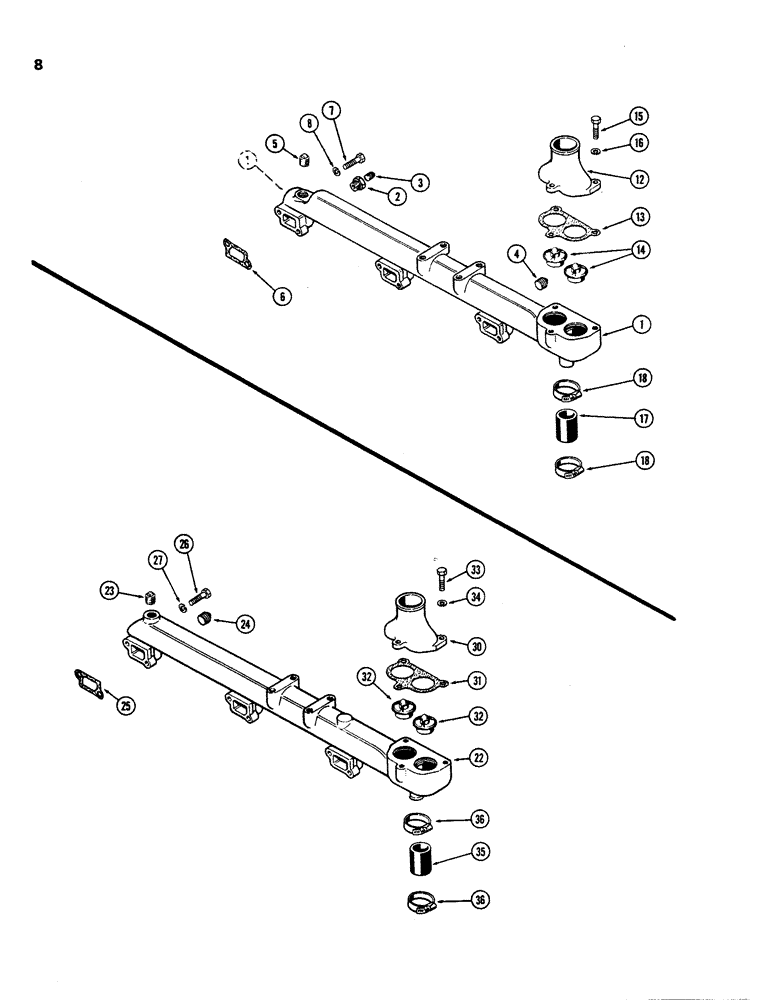 Схема запчастей Case W26B - (008) - WATER MANIFOLD AND THERMOSTAT, (504BDT) DIESEL ENGINE, ALUMINUM (02) - ENGINE