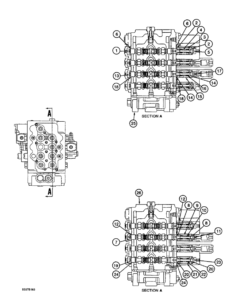 Схема запчастей Case 9060B - (8-184) - 163643A1 AND 171225A1 CONTROL VALVES, MAIN PILOT VALVES, FOUR-SPOOL VALVE BANK (08) - HYDRAULICS