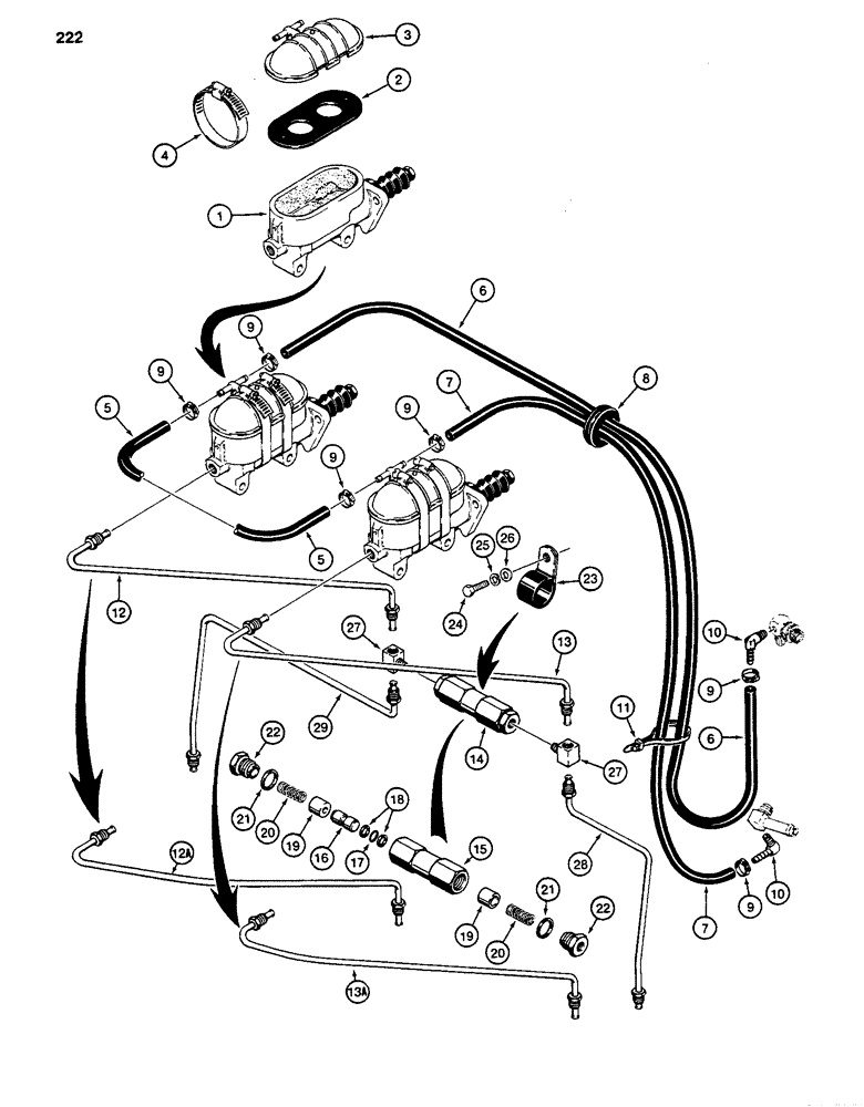 Схема запчастей Case 480D - (222) - BRAKE MASTER CYLINDER HYDRAULIC CIRCUIT, MODELS WITH SELF-FILLING BRAKE SYSTEM (33) - BRAKES & CONTROLS