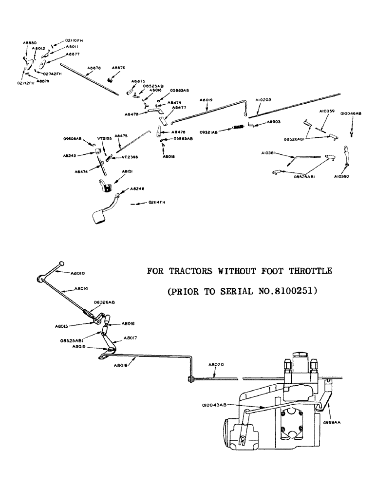 Схема запчастей Case 420 - (046) - POWRCEL DIESEL ENGINE, THROTTLE CONTROL, FOR TRACTORS WITHOUT FOOT THROTTLE, PRIOR TO S/N 8100251 (10) - ENGINE