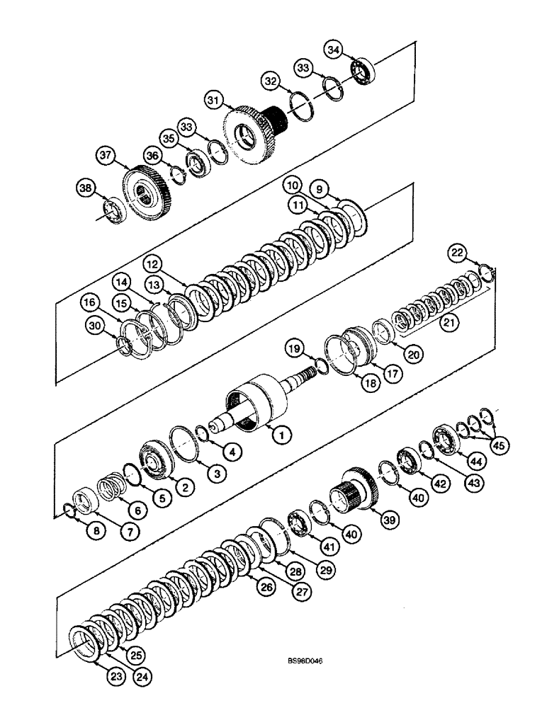 Схема запчастей Case 590SL - (6-102) - CLARK POWERSHIFT TRANSMISSION ASSEMBLY, CLUTCH AND PINIONS, FIRST GEAR - REVERSE DRIVE (06) - POWER TRAIN