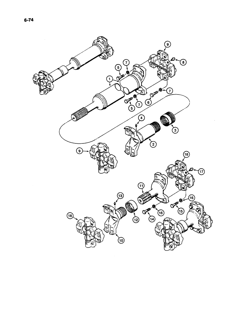 Схема запчастей Case W11B - (6-074) - MIDDLE AND REAR DRIVE SHAFTS, CLARK TRANSMISSION WITH (06) - POWER TRAIN