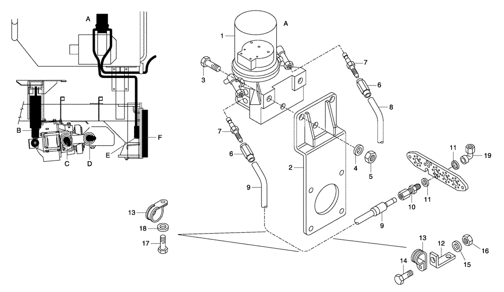 Схема запчастей Case 330 - (94A00010515[01]) - AUTOMATIC GREASING SYSTEM - FRONT FRAME A - OPTION - PUMP (87442902) (19) - OPTIONS