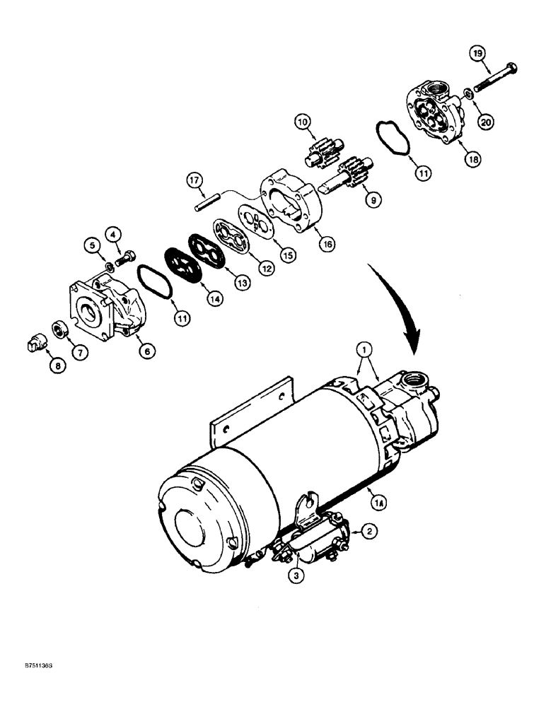 Схема запчастей Case 821B - (5-14) - AUXILIARY STEERING PUMP AND MOTOR ASSEMBLY, L116118 PUMP & MOTOR ASSY, 197540A1 PUMP & MOTOR ASSY. (05) - STEERING