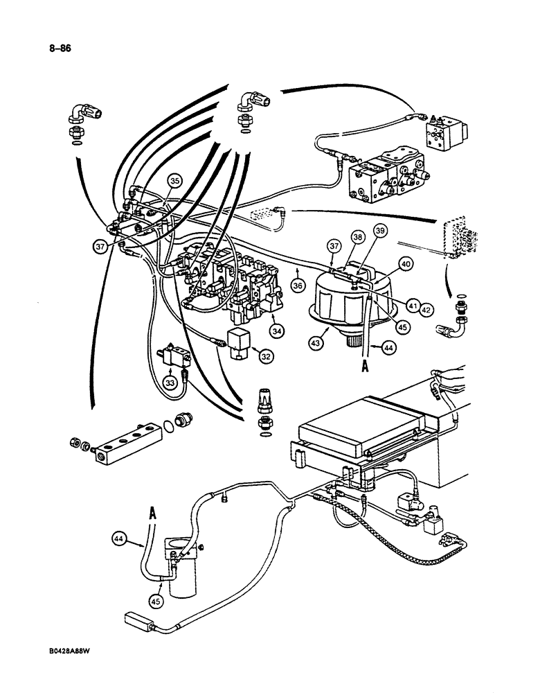 Схема запчастей Case 125B - (8-086) - HYDRAULIC COMPONENTS LEAK RETURN CIRCUIT, LINES FROM VALVES, P.I.N. 74251 THROUGH 74844 (08) - HYDRAULICS