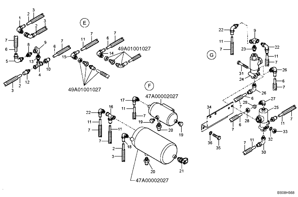 Схема запчастей Case 340B - (49A02021027[001]) - AIR TANKS, FRONT FRAME ( E F G ) PNEUMATICS (SIMPLE MUX P.I.N. HHD0340BN7PG58072 AND AFTER) (84137718) (09) - Implement / Hydraulics / Frame / Brakes