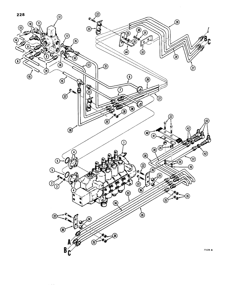 Схема запчастей Case 1450 - (228) - DOZER TILT AND PITCH HYDRAULIC CIRCUIT (ATP DOZER), VALVE TO GRILLE (08) - HYDRAULICS