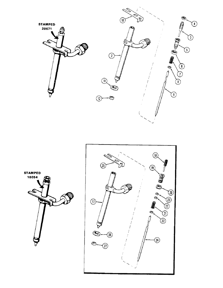 Схема запчастей Case 350 - (068) - INJECTOR NOZZLES, USED ENGINE SERIAL NO. 2726393 AND AFTER (02) - FUEL SYSTEM