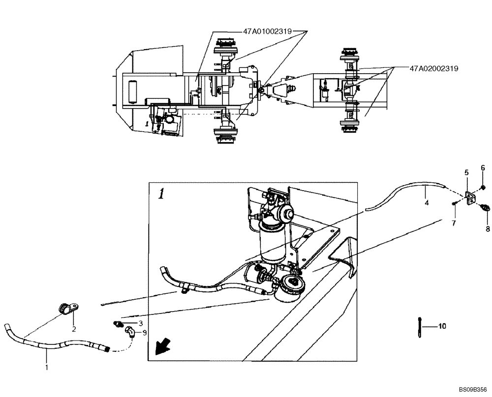 Схема запчастей Case 330B - (47A00002319[001]) - PNEUMATIC LINES, BRAKE SYSTEM - FRONT CHASSIS (P.I.N. HHD0330BN7PG57000 AND AFTER) (84195724) (09) - Implement / Hydraulics / Frame / Brakes