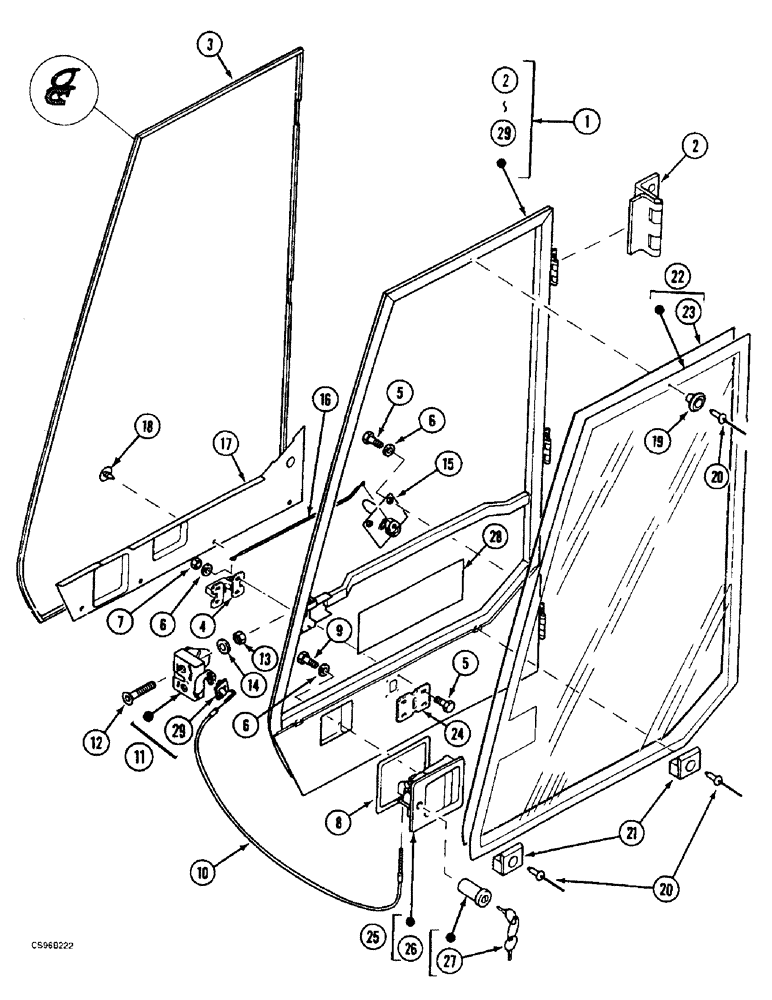 Схема запчастей Case 688BCK - (9E-58) - CAB DOOR - POLYCARBONATE WINDOW GLASSES, 688B CK (120535, 120548, 120566-) (05.1) - UPPERSTRUCTURE CHASSIS/ATTACHMENTS