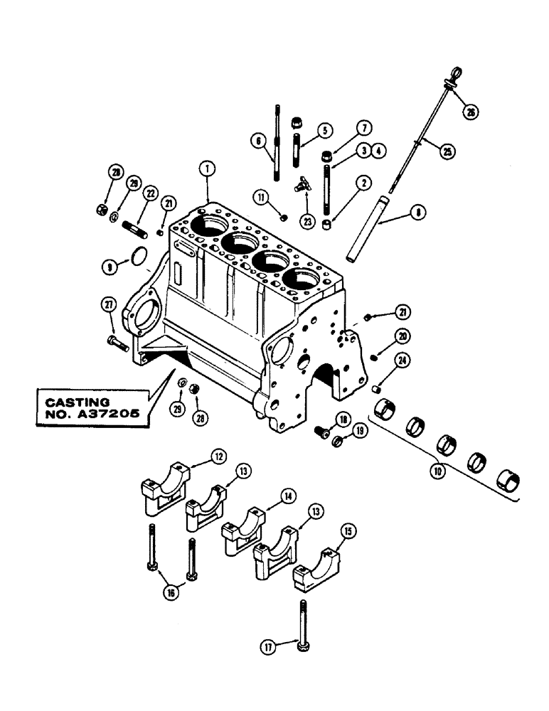 Схема запчастей Case 430CK - (032) - CYLINDER BLOCK ASSEMBLY, (188) DIESEL ENGINE, CASTING NUMBER A37205, WITH WIDE FLANGED SLEEVES 