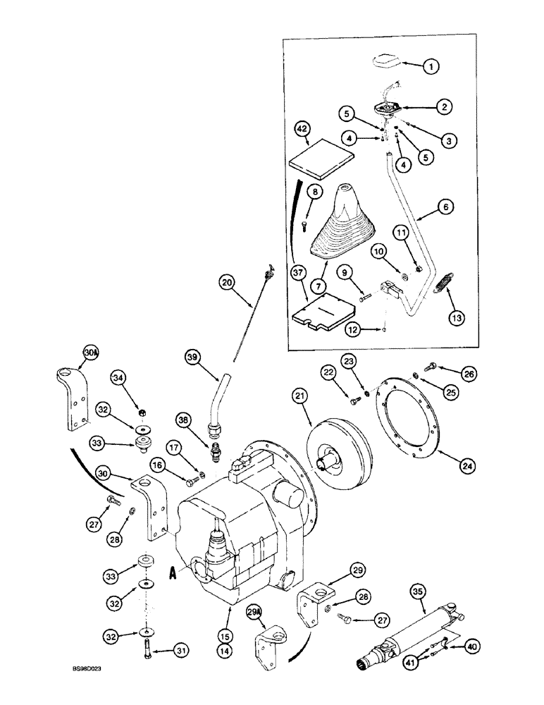 Схема запчастей Case 580L - (6-028) - TRANSMISSION MOUNTING, DRIVE SHAFT, DIPSTICK, AND GEAR SHIFT (06) - POWER TRAIN