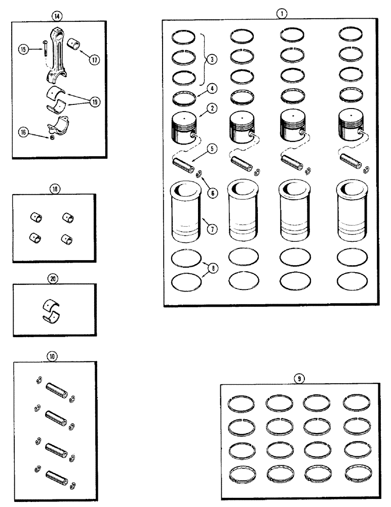 Схема запчастей Case 580B - (064) - PISTON ASSEMBLY AND CONNECTING RODS, (159) SPARK IGNITION (02) - ENGINE