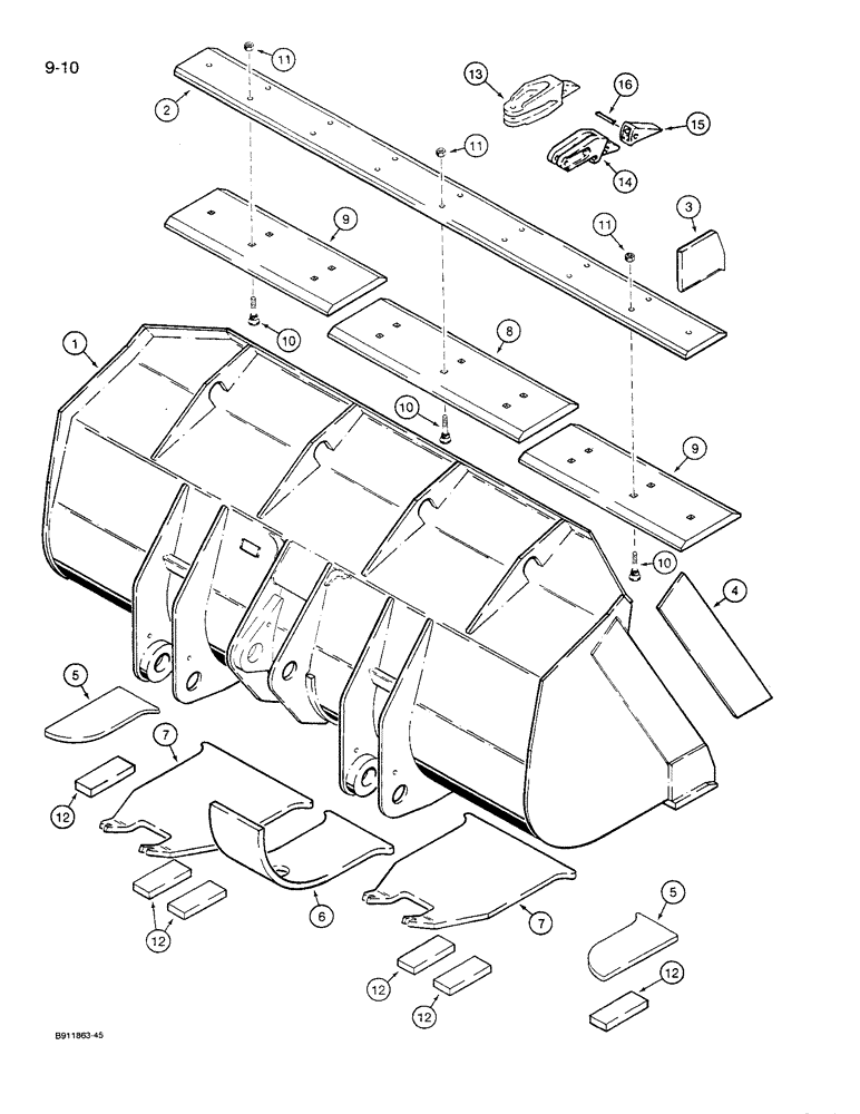 Схема запчастей Case 621 - (9-10[A]) - LOADER BUCKET AND CUTTING EDGE, 2.50 CUBIC YARD, (1.9 CUBIC METER) BUCKET (09) - CHASSIS/ATTACHMENTS