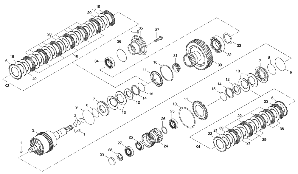 Схема запчастей Case 330 - (18A00020577[02]) - GEAR BOX - CLUTCH ASSEMBLY K3/K4 (87450708) (03) - Converter / Transmission