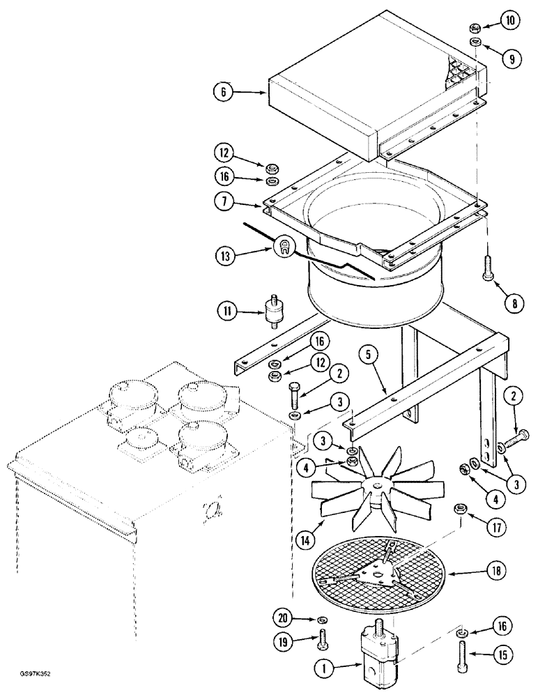 Схема запчастей Case 170C - (8-004) - HYDRAULIC OIL COOLER AND FAN, P.I.N. 74501 THROUGH 74662, P.I.N. 02301 THROUGH 02304 (08) - HYDRAULICS