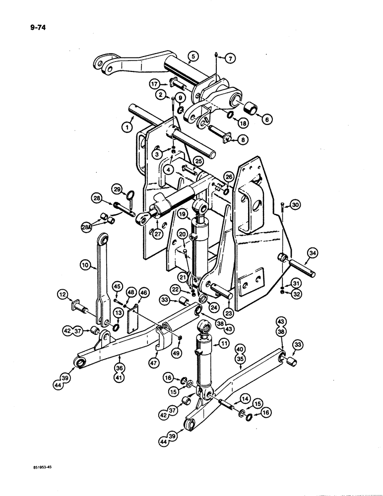 Схема запчастей Case 480E - (9-074) - 3-POINT HITCH DRAFT ARMS,LINKAGE,&CYL. CATEGORY I HYD HITCH & OPT CATEGORY II DRAFT ARMS (09) - CHASSIS/ATTACHMENTS