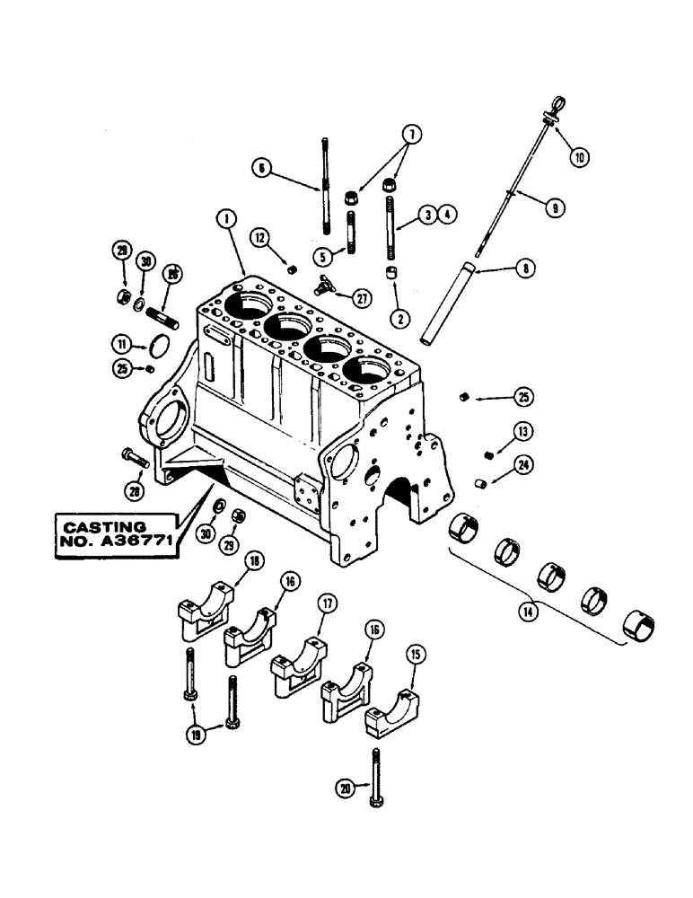 Схема запчастей Case 430CK - (033C) - CYLINDER BLOCK ASSEMBLY, (188) DIESEL ENGINE, CASTING NUMBER A36771, WITH NARROW FLANGED SLEEVES 