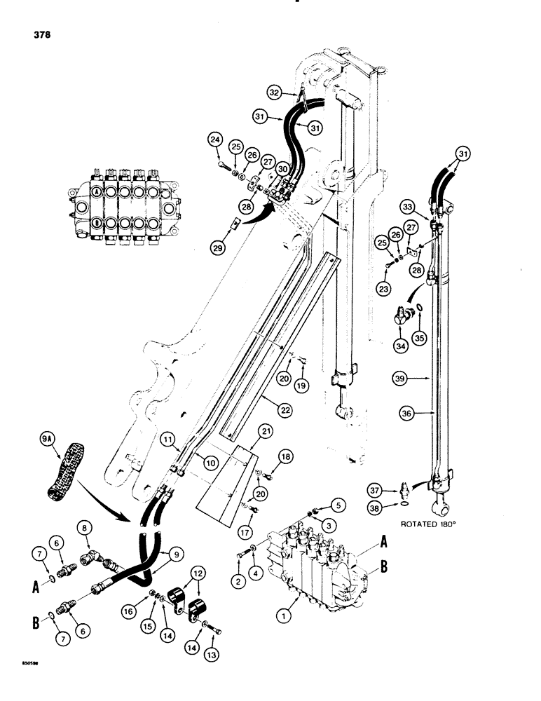 Схема запчастей Case 580E - (378) - BACKHOE EXTENDABLE DIPPER HYDRAULIC CIRCUIT, MODELS WITH TWO BOOM MOUNTING PIN AT SWING TOWER (08) - HYDRAULICS