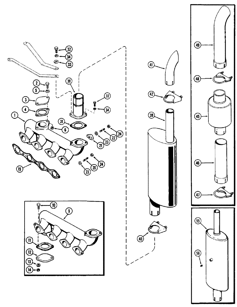 Схема запчастей Case 580B - (016) - EXHAUST MANIFOLD & MUFFLER, (188) DSL ENG, STANDARD MUFFLER, SPARK ARRESTING MUFFLER (02) - ENGINE