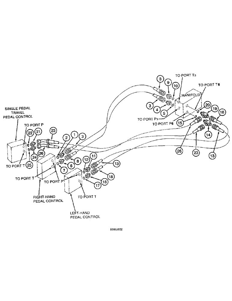 Схема запчастей Case 9060B - (8-040) - PEDAL CONTROL VALVE PRESSURE AND RETURN LINES (08) - HYDRAULICS