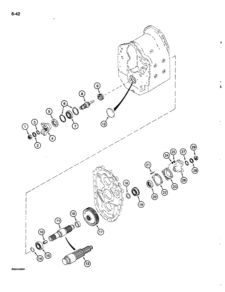 Схема запчастей Case 680L - (6-42) - TRANSMISSION OUTPUT SHAFT, TWO WHEEL AND FOUR WHEEL DRIVE MODELS (06) - POWER TRAIN