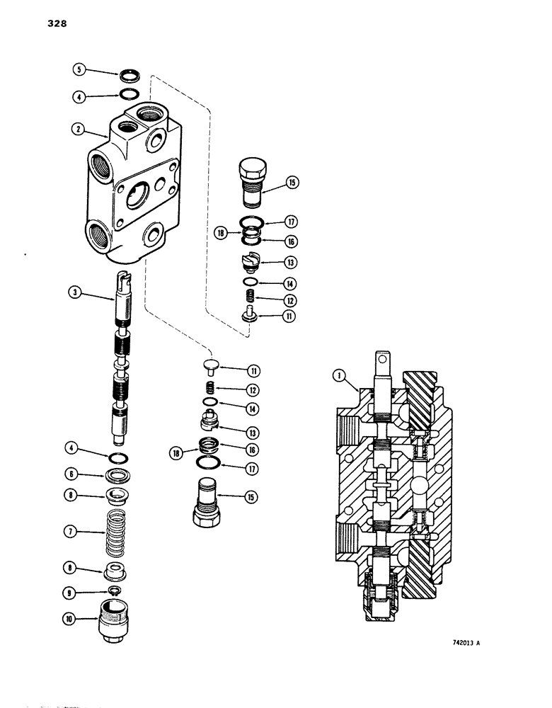 Схема запчастей Case 680E - (328) - BACKHOE CONTROL VALVE, EXTENDABLE DIPPER SECTION (35) - HYDRAULIC SYSTEMS