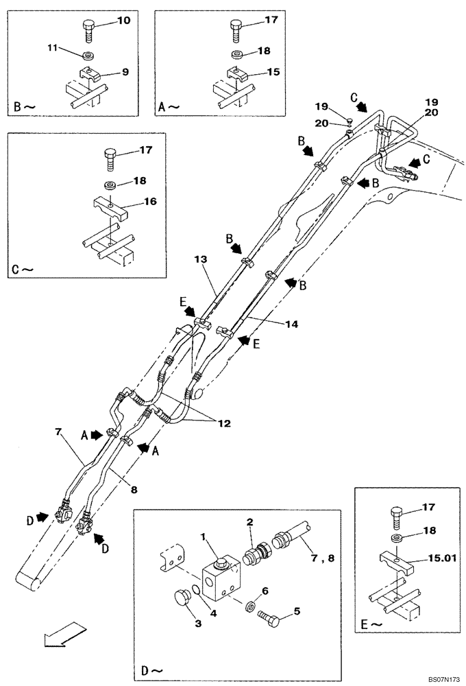 Схема запчастей Case CX75SR - (08-68) - HYDRAULICS, AUXILIARY ATTACHMENT - 2,10 M (6 FT 11 IN) ARM (08) - HYDRAULICS