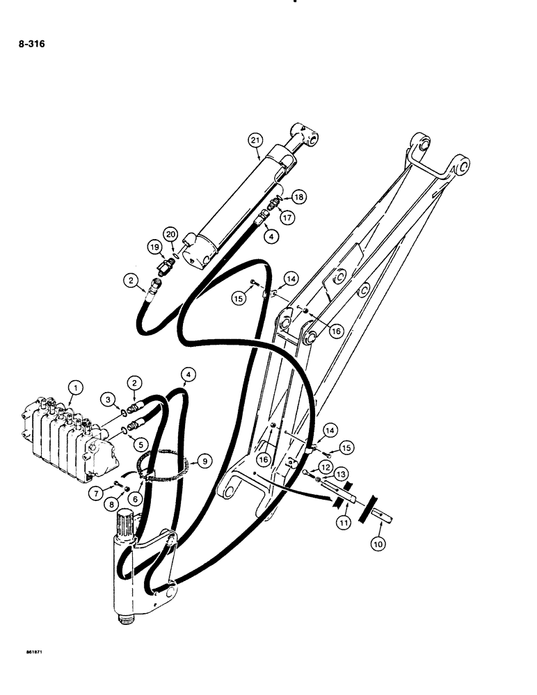 Схема запчастей Case DH4B - (8-316) - DIPPER CYLINDER HYDRAULIC CIRCUIT, REAR MOUNTED D100 BACKHOE - VERTICAL CONTROL VALVE (08) - HYDRAULICS