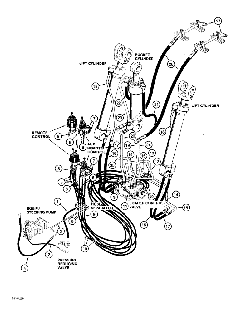 Схема запчастей Case 821B - (1-22) - PICTORIAL INDEX, LOADER HYDRAULIC CIRCUIT, STEERING PUMP TO CYLINDERS, THREE SPOOL CONTROL VALVE (00) - PICTORIAL INDEX