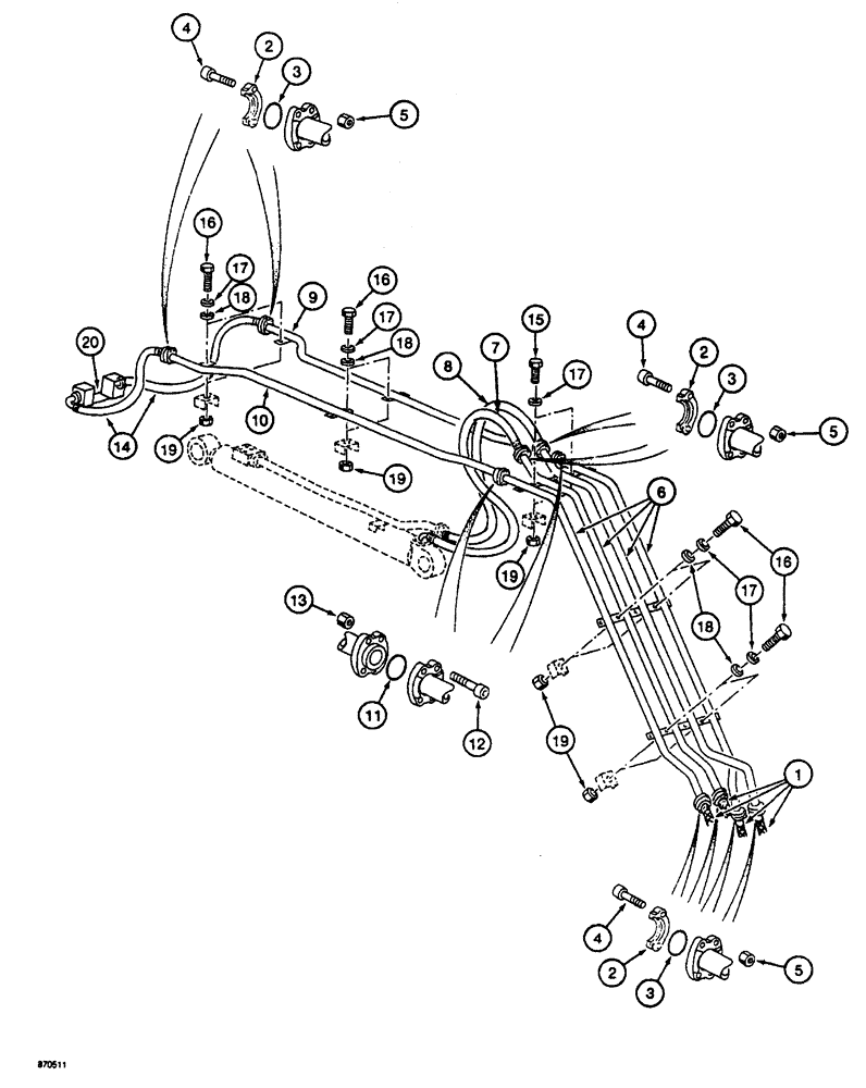 Схема запчастей Case 688 - (8-170) - ARM AND TOOL CYLINDER CIRCUIT, TUBES AT BOOM (08) - HYDRAULICS