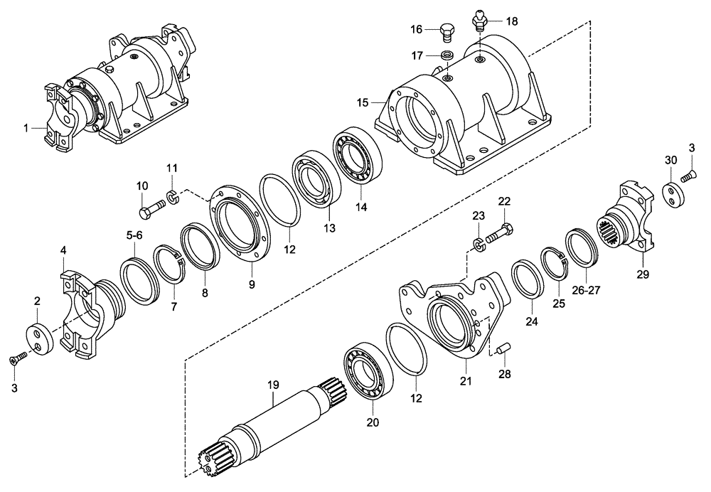 Схема запчастей Case 340 - (24F00000052[001]) - PROPELLER SHAT - GEARBOX - INTERMEDIATE AXLE (23) - FOUR WHEEL DRIVE SYSTEM