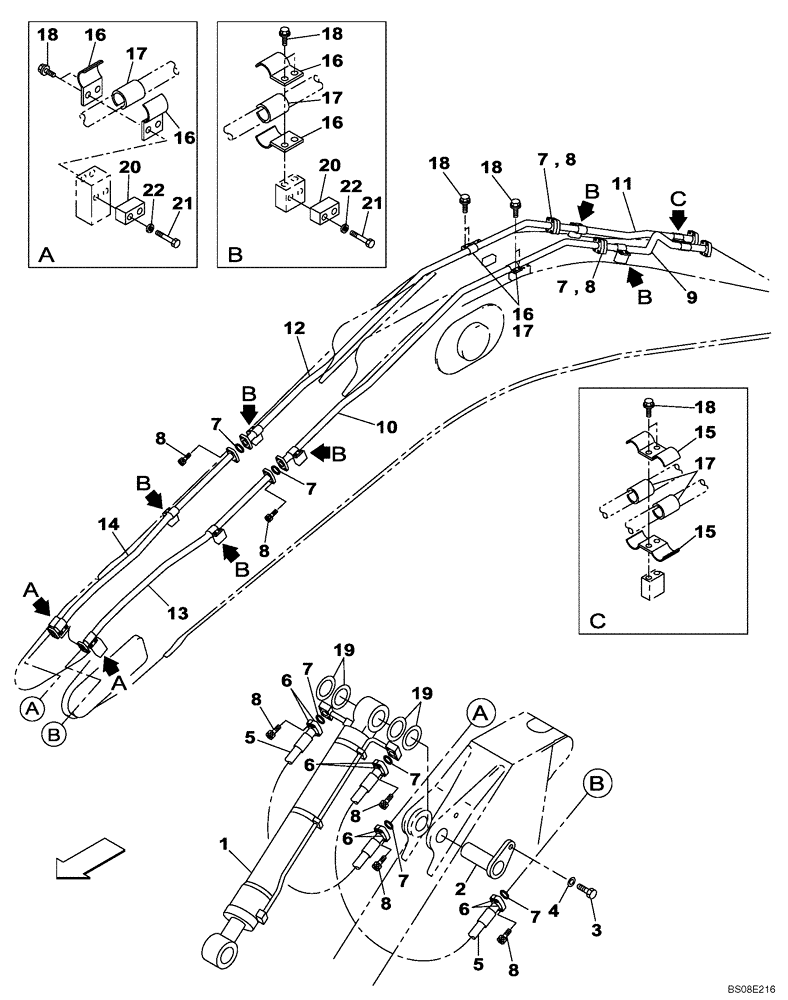 Схема запчастей Case CX700 - (08-025-00[01]) - HYDRAULICS - BUCKET CYLINDER - BOOM (7.70 M) - ARM (3.55 M) (08) - HYDRAULICS