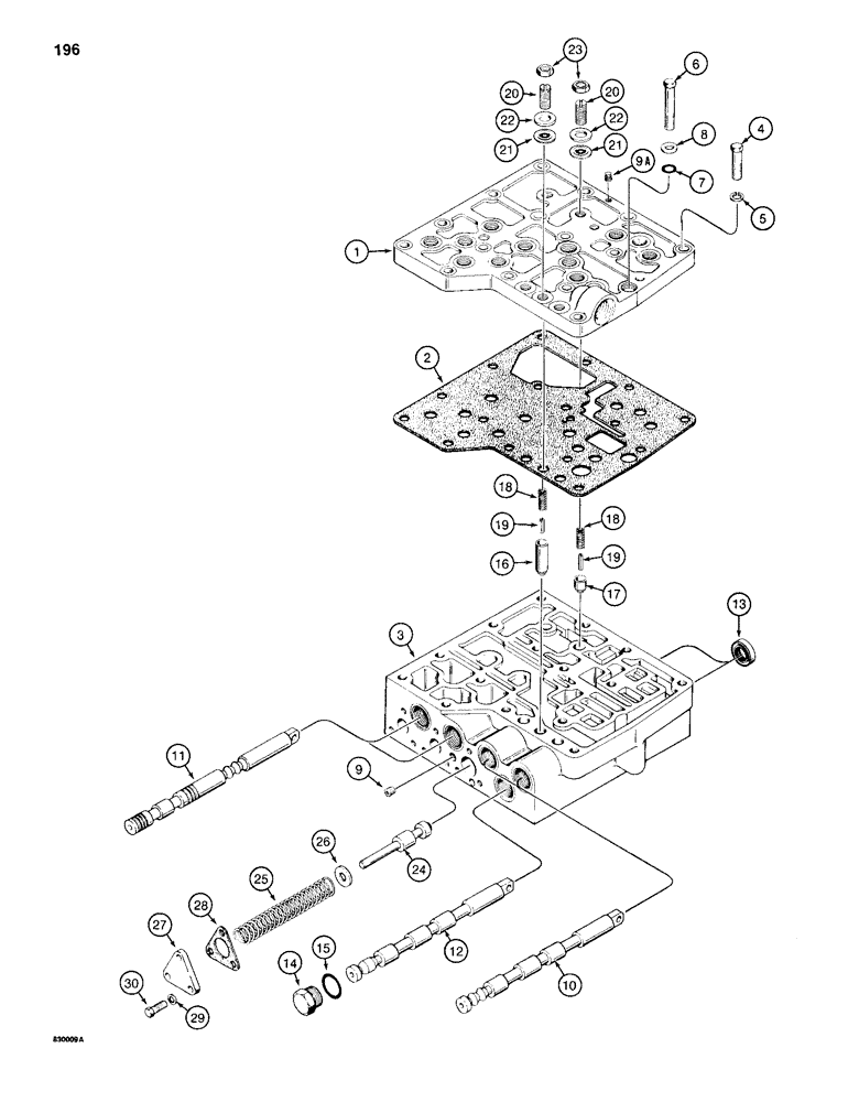 Схема запчастей Case 1150D - (196) - TRANSMISSION CONTROL VALVE, COVER AND BASE, HIGH-LOW & FOR.-REV. SPOOL, PRESSURE REGULATOR SPOOL (06) - POWER TRAIN