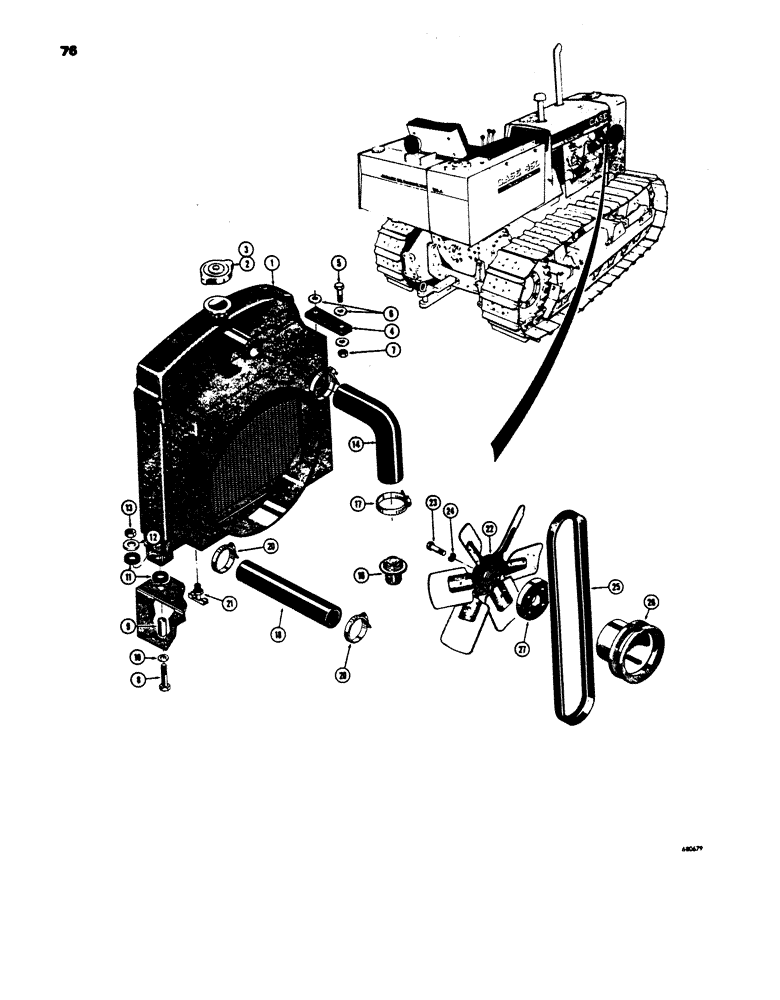 Схема запчастей Case 450 - (076) - RADIATOR, FAN AND HOSES, USED BEFORE TRACTOR SN. 3045401 (01) - ENGINE