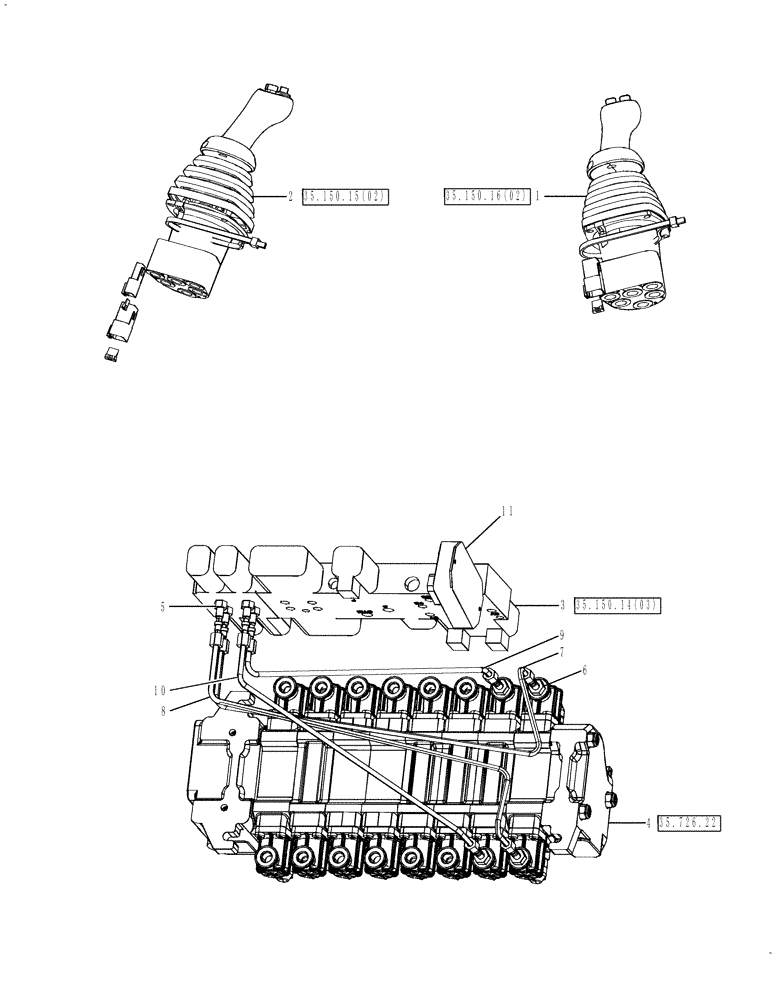 Схема запчастей Case 580SN WT - (35.726.07) - VALVE - PILOT CONTROL AND JOYSTICKS (8 SPOOL, W/ EHOE, W/ AUX HYDS) (35) - HYDRAULIC SYSTEMS