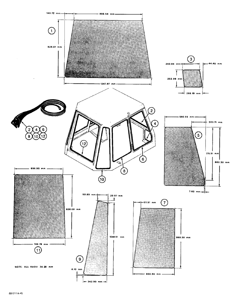 Схема запчастей Case 480F - (9-136) - CAB GLASS AND MOLDING, METRIC DIMENSIONS (09) - CHASSIS/ATTACHMENTS