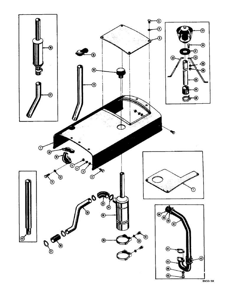 Схема запчастей Case 500 - (070) - HOOD, EXHAUST SYSTEM, AND AIR CLEANER, (USED FROM S/N 11-1-56) (05) - UPPERSTRUCTURE CHASSIS