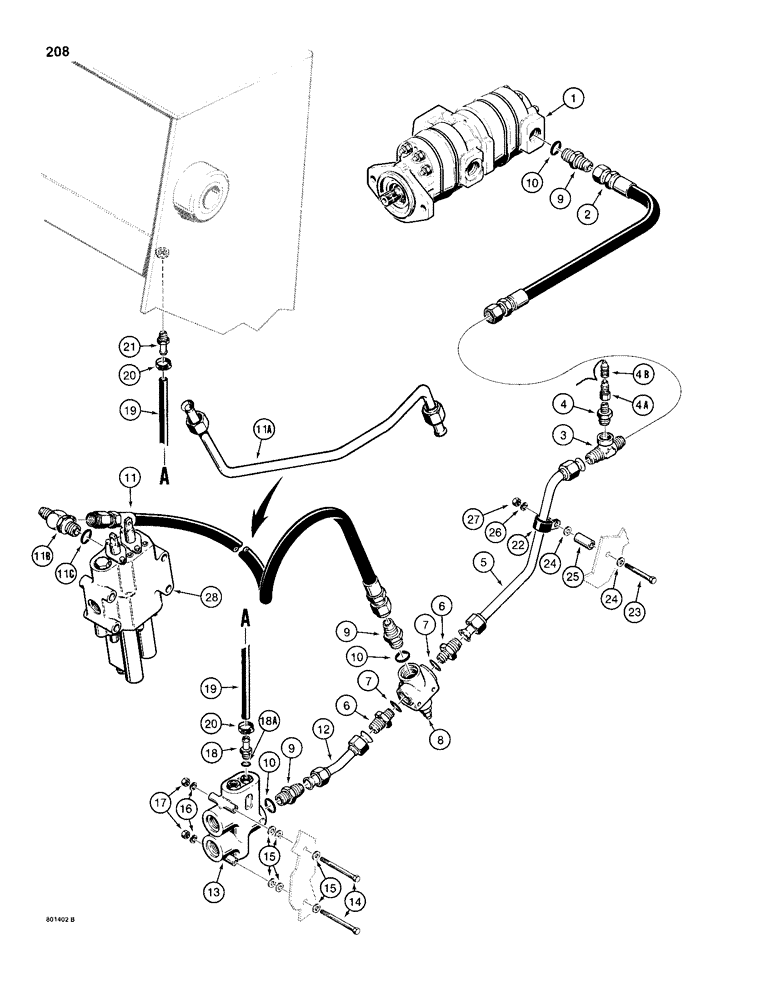 Схема запчастей Case 680H - (208) - EQUIPMENT HYDRAULIC CIRCUIT PUMP TO BACKHOE, RELIEF VALVE, FLOW CONTROL VALVE & LOADER CONTROL VALVE (08) - HYDRAULICS