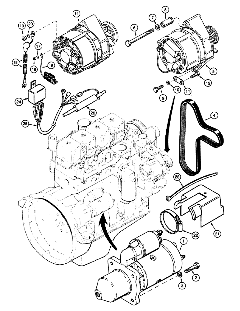 Схема запчастей Case 580SK - (4-42) - STARTER AND ALTERNATOR MOUNTING (04) - ELECTRICAL SYSTEMS