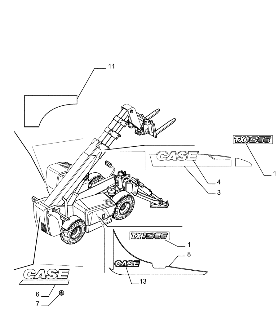 Схема запчастей Case TX1055 - (1.98.2[02]) - TRADE MARKS (90) - PLATFORM, CAB, BODYWORK AND DECALS