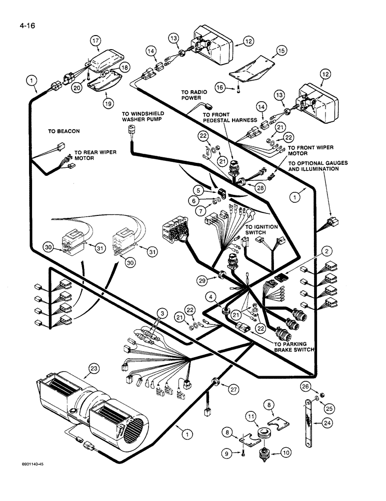 Схема запчастей Case 621 - (4-16) - CAB HARNESS, OPERATORS COMPARTMENT, LAMPS AND BLOWER, PRIOR TO P.I.N. JAK0027512 (04) - ELECTRICAL SYSTEMS