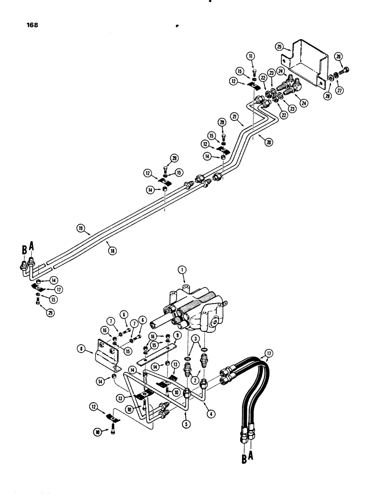 Схема запчастей Case 455B - (168) - DOZER TILT HYDRAULIC CIRCUIT, VALVE TO GRILLE (07) - HYDRAULIC SYSTEM