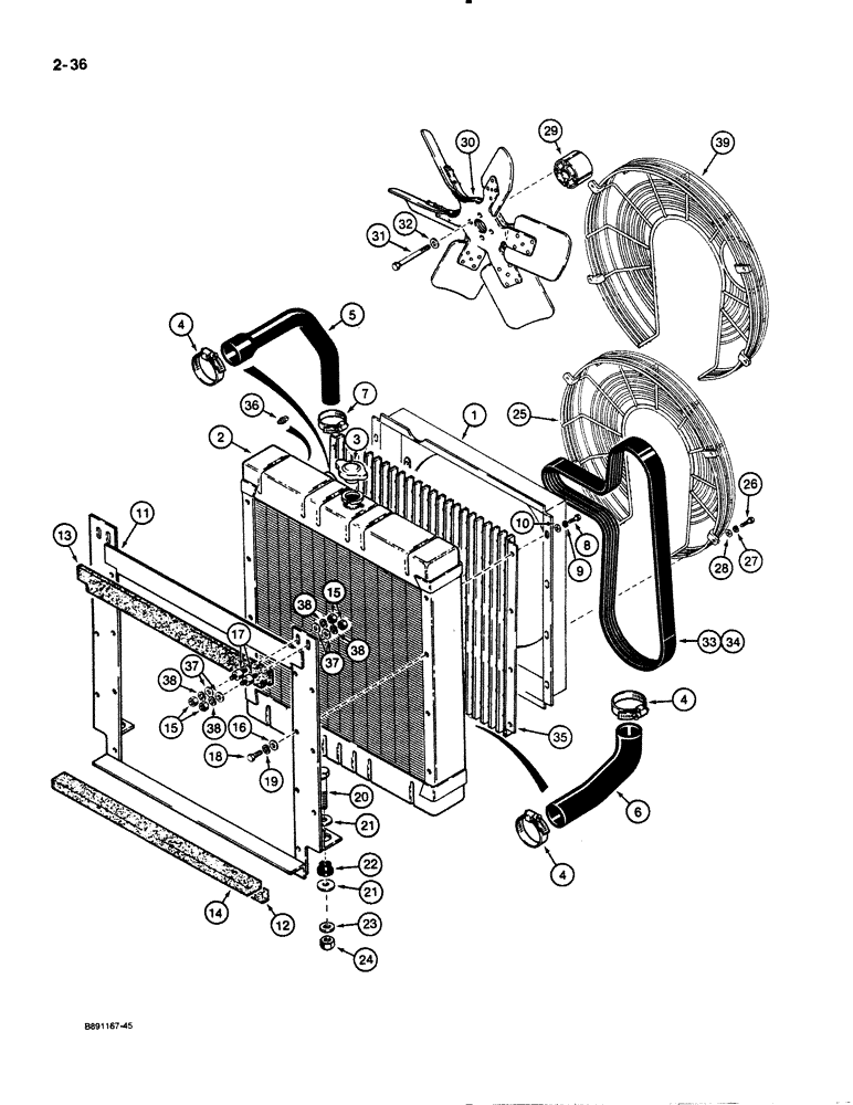 Схема запчастей Case 621 - (2-36) - RADIATOR, FAN, AND FAN BELTS, PRIOR TO P.I.N. JAK0021337 (02) - ENGINE