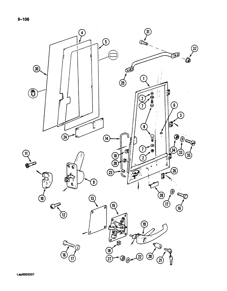 Схема запчастей Case 125B - (9-106) - CAB DOOR, P.I.N. 21807 THROUGH 21868, 26801 AND AFTER (09) - CHASSIS