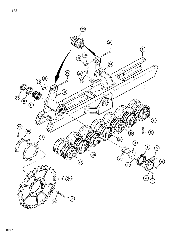 Схема запчастей Case 1150D - (138) - TRACK FRAME, SPROCKET, AND ROLLERS, 74" GAUGE WIDE TRACK & LGP DOZER MODELS (11) - TRACKS/STEERING